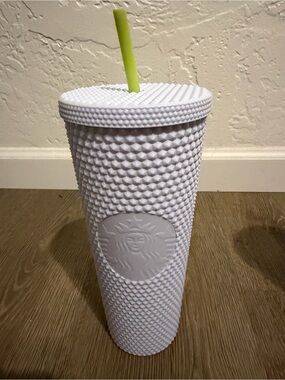 Starbucks White Studded Tumbler with Lime Green Straw